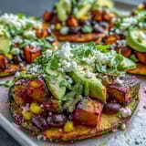 Sliced avocado and crumbled feta top these Black Bean and Sweet Potato Tostadas for a bright, vegetarian lunch.