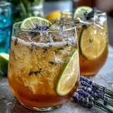 Refreshing lavender lemonade spritz in a tall glass with ice, garnished with lemon slices and lavender sprigs.