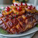 Succulent ham glazed in honey, adorned with pineapple and cherries, perfect for a holiday feast.