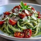 Vibrant spiralized zucchini in a fragrant basil pesto sauce, topped with sweet cherry tomatoes for a healthy gluten-free meal.  