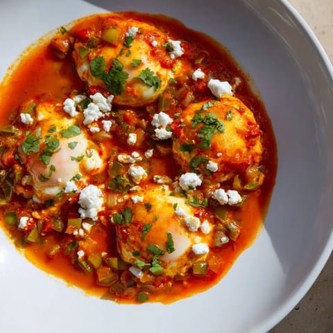 Shakshuka with runny yolks and vibrant red sauce, ready to be scooped up with crusty bread.