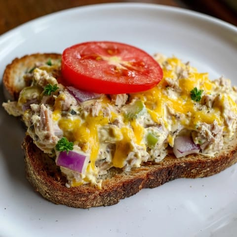 A close-up of a warm, cheesy tuna melt, a comforting American classic ready to eat.
