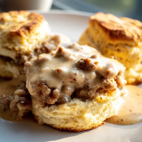 Flaky buttery biscuits gravy