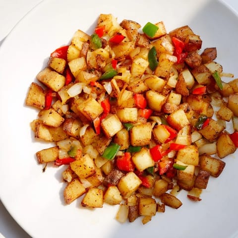A close-up of sizzling home fries, showing perfectly browned potatoes and colorful bell peppers.