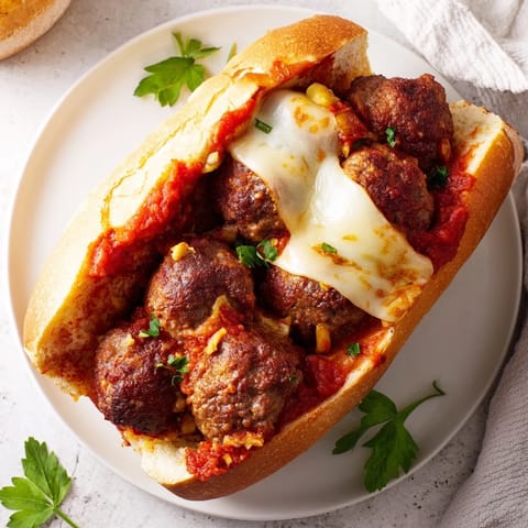 A close-up of a Meatball Sub, featuring melted cheese oozing over juicy meatballs and sauce.