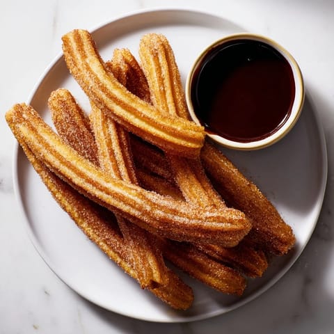 Warm churros, crisp outside and tender inside, are served with a rich, dark chocolate dipping sauce.