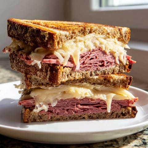 A close-up view shows a perfectly grilled Reuben sandwich cut in half, showcasing the delicious layers.