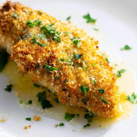 Golden-brown Roasted Garlic Parmesan Chicken breasts rest on a baking sheet, showcasing a crispy, savory crust from garlic butter and Parmesan.
