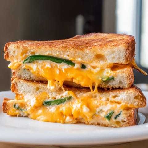 Two halves of Jalapeño Popper Grilled Cheese on a plate, served beside a warm bowl of tomato soup.