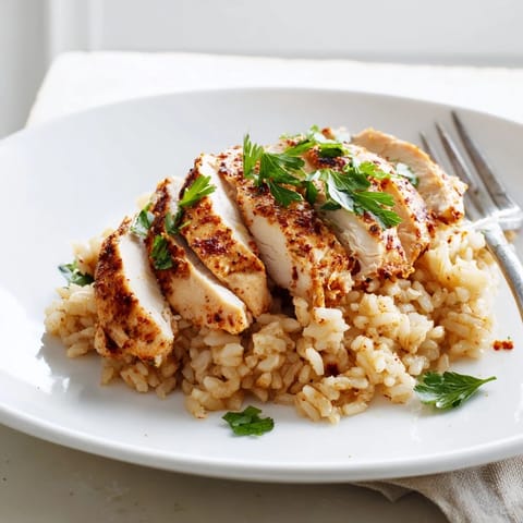 Juicy grilled chicken breast slices rest atop steaming garlic butter rice, with a drizzle of melted butter and fresh herbs.  