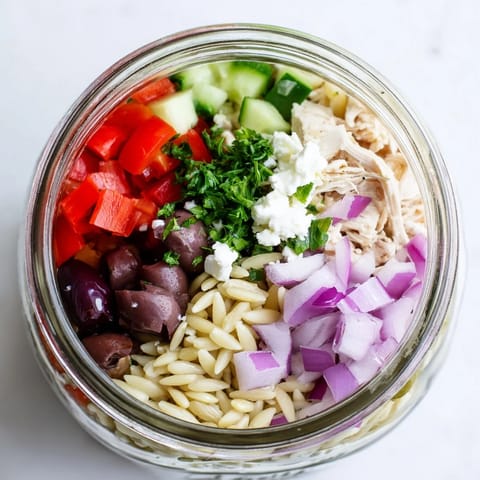 A vertical shot shows four meal-prep Greek Pasta Chicken Salad Jars ready for easy grab-and-go lunches.