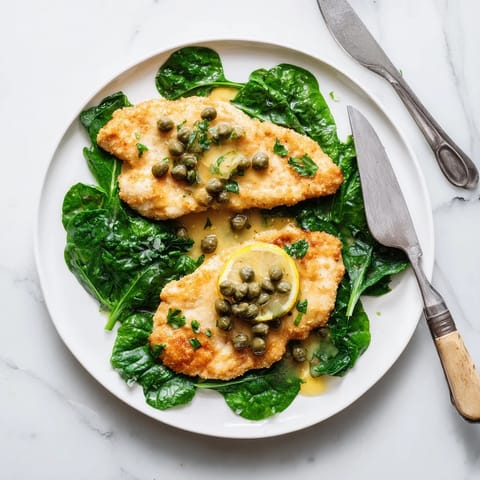 Golden-brown chicken cutlets glazed in silky lemon butter sauce served over fresh wilted spinach on a white plate.