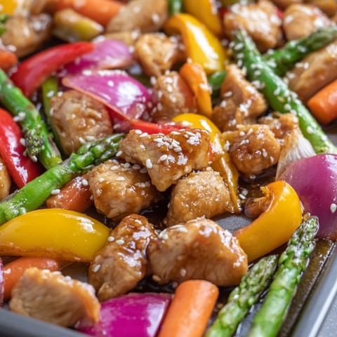 A close-up of tender Sheet Pan Honey Garlic Chicken and vibrant vegetables glistening with sweet-savory glaze, served hot.