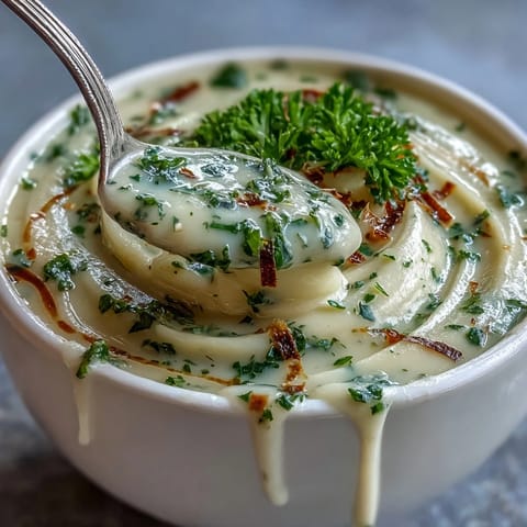 Creamy parsnip and herb soup served warm in a rustic bowl, garnished with fresh parsley and a drizzle of cream.