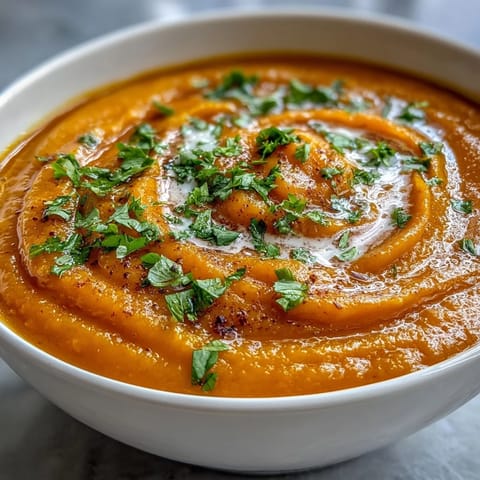 Silky, pureed Carrot Ginger Soup in a rustic bowl, with warm spices and a slice of crusty bread on the side.