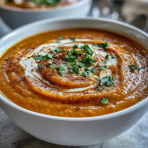 A warm bowl of Butternut Squash and Apple Soup, topped with toasted pumpkin seeds and fresh parsley.  