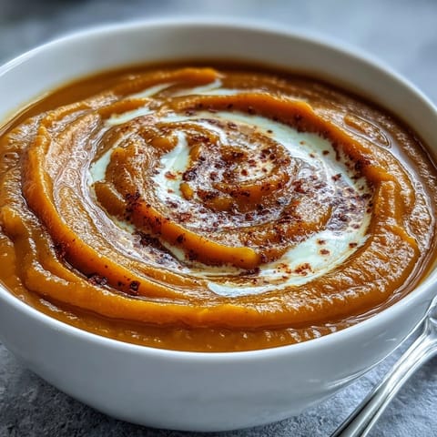 Velvety Butternut Squash and Apple Soup garnished with seeds and herbs in a rustic ceramic bowl.  