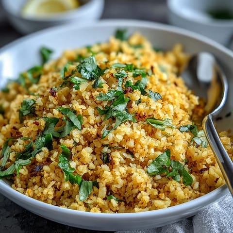 Fluffy Turmeric Cauliflower Rice is piled high in a white bowl, seasoned with golden spices and fresh cilantro. 