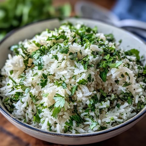 Bright, fluffy cilantro lime rice garnished with fresh cilantro leaves and a lime wedge, ideal as a vibrant side dish for tacos or grilled chicken.  