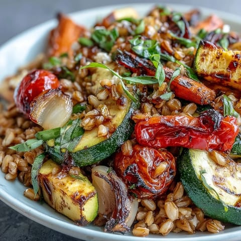 A bowl of hearty Farro With Roasted Vegetables, featuring tender farro tossed with caramelized red bell peppers, zucchini, and cherry tomatoes, finished with fresh parsley.  
