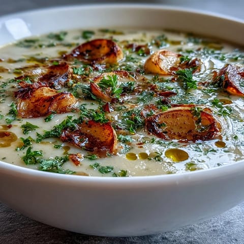 A steaming bowl of homemade roasted garlic soup, with smooth texture and a swirl of fresh olive oil.