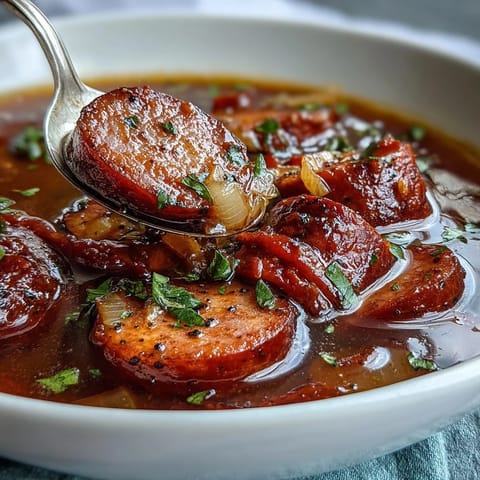 Hearty Crock Pot BBQ Cocktail Sausage Soup served in a rustic bowl, garnished with fresh parsley and ready to enjoy.