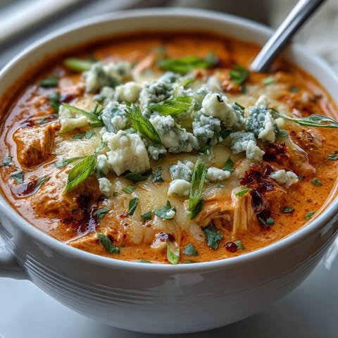 Close-up view of Crock Pot Buffalo Chicken Dip Soup in a rustic bowl, topped with shredded cheddar and fresh parsley.  