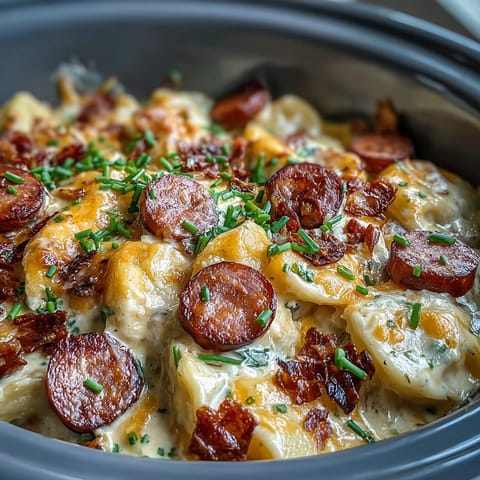 Layers of pillowy pierogi and smoky kielbasa in a creamy, cheesy sauce for a cozy family dinner.