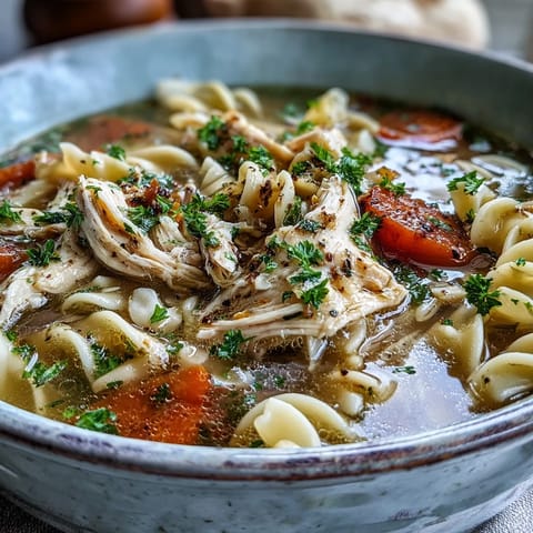 A cozy bowl of Instant Pot Chicken Noodle Soup featuring egg noodles, herbs, and fresh parsley garnish.