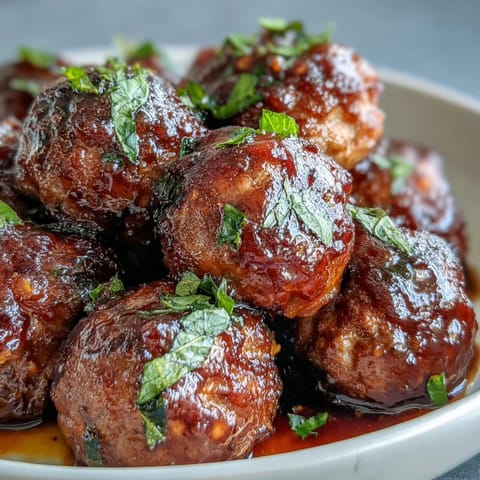Juicy Slow Cooker Peach Glazed Meatballs simmer in a sweet and tangy sauce, garnished with fresh parsley for a perfect party appetizer.