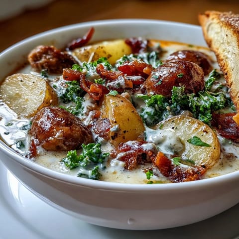 A close-up of hearty Italian Sausage Soup with kale and bacon, garnished with fresh herbs.