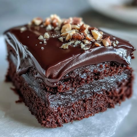 A freshly baked Chocolate Celebration Cake, layered with glossy ganache and topped with crunchy hazelnut praline shards.