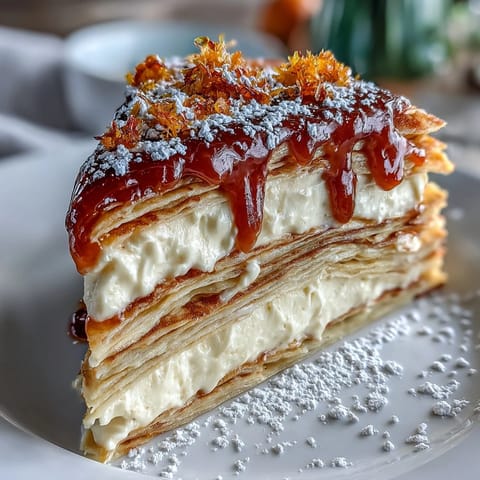 Tall slices of the layered Blood Orange Curd Crêpe Cake show delicate crêpes and vibrant orange filling, garnished with fresh orange slices and edible flowers.