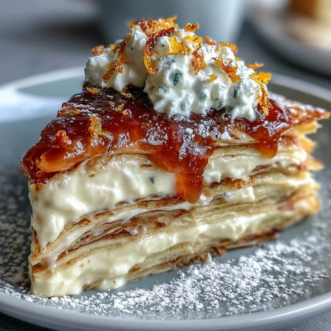 Glossy blood orange curd and fluffy whipped cream layer between thin crêpes in this elegant French-inspired Blood Orange Curd Crêpe Cake, dusted with powdered sugar.