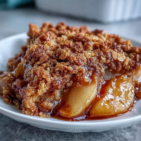 Homemade Pear Crumble cooling on a rack with a golden, crunchy oat topping.