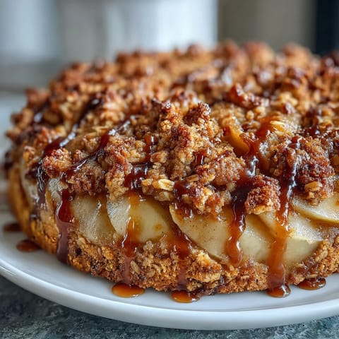 Warm Pear Crumble bubbling in a baking dish, ready for a scoop of vanilla ice cream.
