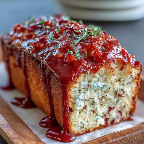 A moist Blood Orange Loaf Cake with marzipan and poppy seeds, drizzled with glaze on a marble slab.