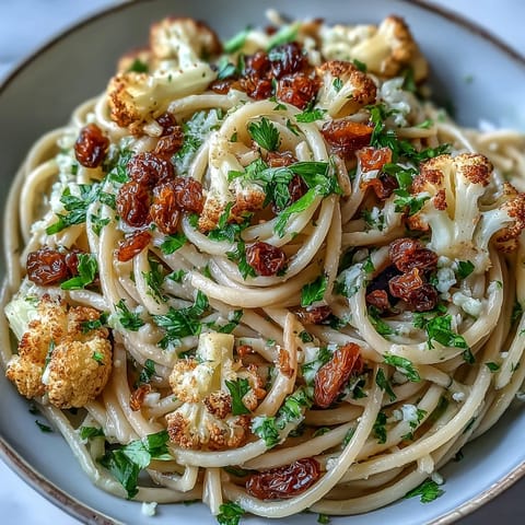 Golden roasted cauliflower florets and a savory anchovy-garlic sauce coat this delicious Cauliflower, Anchovy and Raisin Spaghetti.