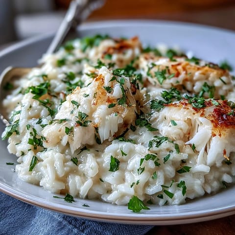 Creamy Smoked Haddock Risotto with flaky fish and fresh parsley garnish, ready to serve.