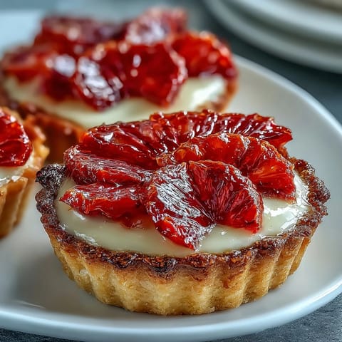 Freshly baked Blood Orange Tarts arranged on a white plate with a drizzle of honey glaze.