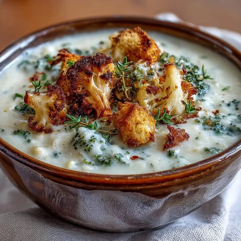 Close-up of a velvety cauliflower and broccoli soup garnished with fresh thyme and crisp croutons.