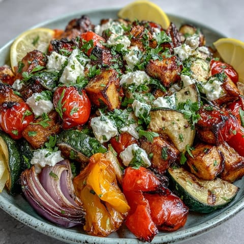 Roasted Mediterranean Greek Vegetables on a platter with crumbled feta and fresh parsley, ready to serve.
