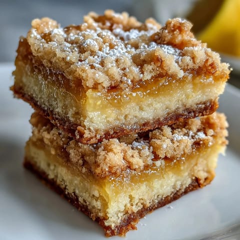 Freshly baked Homemade Lemon Crumb Bars feature a golden crumb topping over bright yellow citrus filling, dusted with powdered sugar on a rustic wooden board.