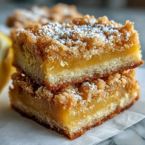 Freshly baked Homemade Lemon Crumb Bars feature a golden crumb topping over bright yellow citrus filling, dusted with powdered sugar on a rustic wooden board.