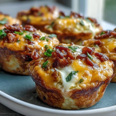 Freshly baked Breakfast Egg Muffins loaded with cheddar and bacon, stacked high on a white plate ready for brunch.