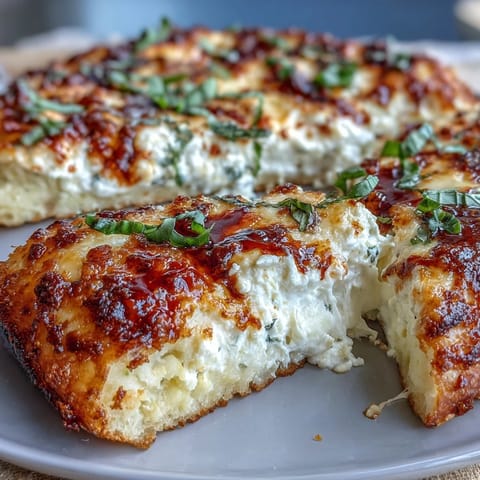 A golden-brown Hot Honey Ricotta Pizza fresh from the oven, with bubbling mozzarella and creamy white dollops of ricotta.