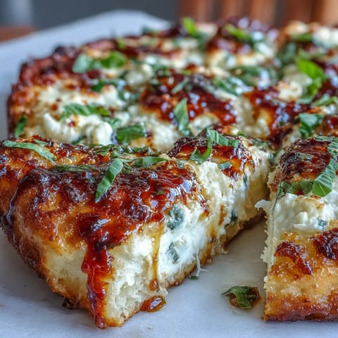 Fresh basil leaves garnish this savory Hot Honey Ricotta Pizza, with a bottle of spicy honey ready for drizzling.