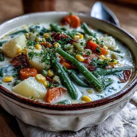 Creamy Amish Snow Day Soup with tender vegetables and fresh parsley garnish, steaming in a rustic bowl.