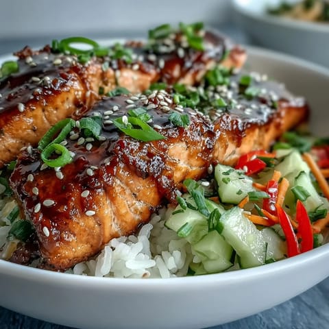 Crispy glazed salmon and fluffy rice in an Asian-Inspired Salmon Bowl, topped with julienned carrots, cucumber, and sesame seeds.