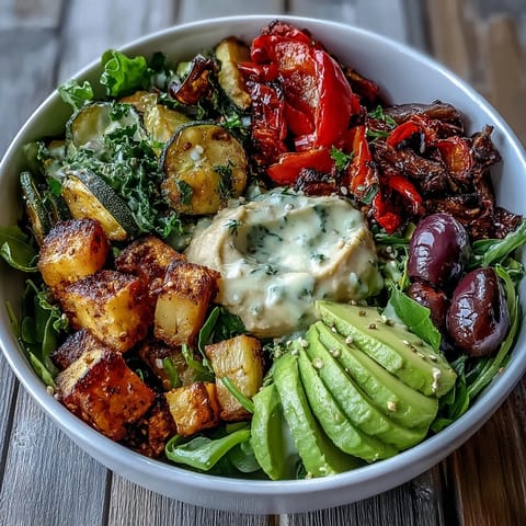Freshly roasted Mediterranean vegetables and creamy hummus top a vibrant Vegan Mediterranean Buddha Bowl, ready to serve.